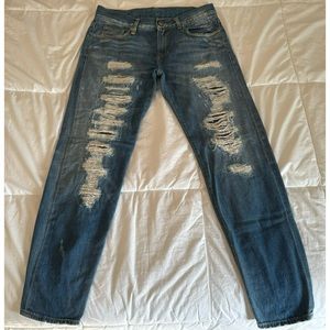 R13 Relaxed Skinny Selvedge Shredded Blue Jeans Size 27 Mid-Rise R13WM0043
